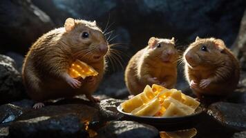 Three adorable rodents enjoying cheese in a rocky cave setting, with soft lighting enhancing the scene photo
