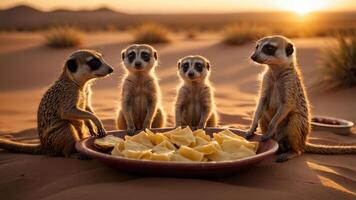 Four meerkats gathered around a plate of fruit in a desert during sunset, enjoying a feast photo