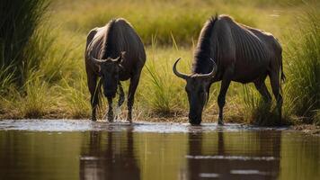 Two wildebeests drinking from a tranquil waterhole surrounded by lush grasslands at sunset photo