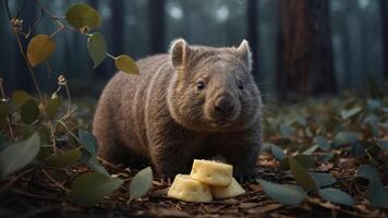 Wombat in a Forest Setting Enjoying Cheese Surrounded by Lush Greenery and Soft Light photo