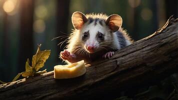 A curious opossum reaching for a piece of cheese on a log in a serene forest setting photo