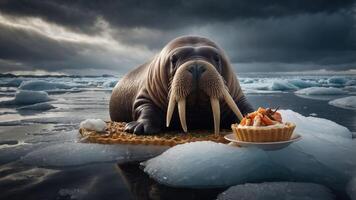 A walrus resting on an ice floe, enjoying seafood delicacies against a dramatic Arctic backdrop photo