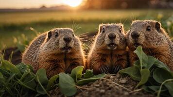 Three groundhogs sitting on a patch of soil surrounded by greenery at sunset, enjoying the evening photo