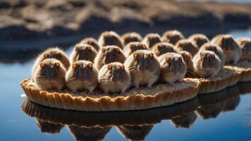 A whimsical scene featuring multiple small animals resembling hamsters on a pie crust floating on water photo