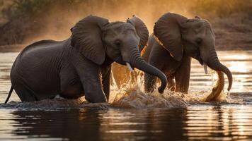 Two elephants playfully splash in a serene waterhole at sunset, creating a lively atmosphere photo