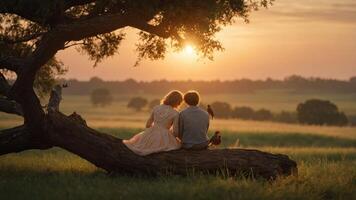 Couple sitting on a tree trunk during sunset, enjoying nature and each other's company photo