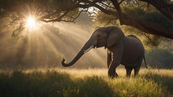 Majestic elephant strolling through sunlit grassland under a sprawling tree in serene nature photo