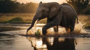 Majestic elephant splashing in a river at sunset, surrounded by lush greenery and reflections photo