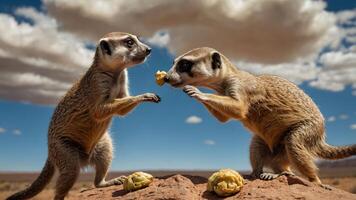 Two meerkats interacting playfully while sharing food against a scenic desert backdrop photo
