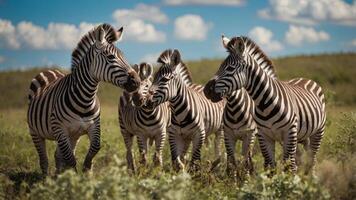 Group of zebras interacting in a grassy field under a blue sky with fluffy clouds photo