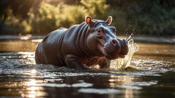 A hippo splashes playfully in a serene river at sunset, surrounded by lush greenery and wildlife photo