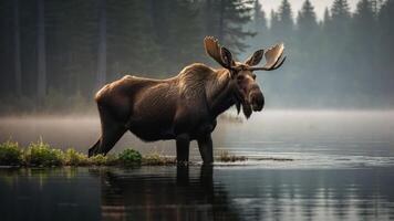 Majestic moose standing in a serene lake surrounded by misty forest at dawn, evoking tranquility photo