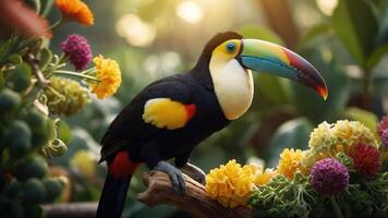 Vibrant toucan perched on a branch amidst colorful flowers in a lush tropical garden photo