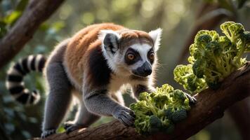 A curious lemur exploring a branch with fresh broccoli in a lush, green forest setting photo