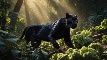 Black panther prowling through a lush green forest with sunlight filtering through trees photo