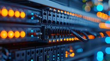 Close-up of illuminated server rack with connected cables in a data center at night photo