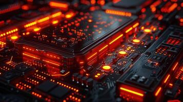 Close-up view of a futuristic circuit board with glowing red lights, showcasing intricate details photo