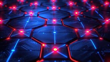 Futuristic hexagonal surface illuminated by vibrant blue and red lights in a digital environment photo