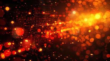 Abstract vibrant background with glowing orange and red bokeh lights and digital elements photo