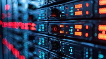 Close-up view of illuminated server racks in a data center with vibrant LED indicators photo