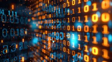 Abstract representation of binary code flowing through a digital environment with glowing effects photo
