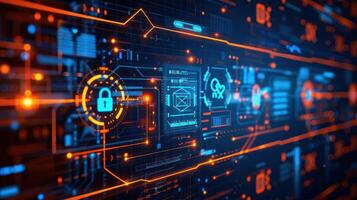 Futuristic digital interface showcasing cybersecurity elements with glowing circuits and icons photo