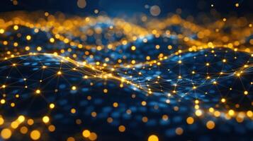 Abstract digital landscape with glowing golden and blue particles creating a wave-like effect photo