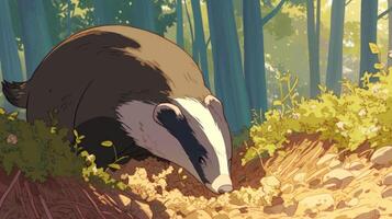 A badger foraging in a lush forest, surrounded by vibrant greenery and soft sunlight photo