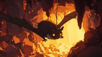 A whimsical bat with glowing eyes hangs from a cave ceiling, surrounded by fiery light photo