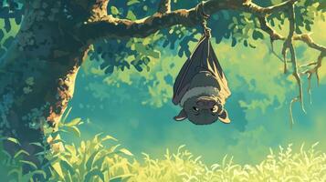 A serene scene of a hanging bat in a lush forest, surrounded by vibrant greenery and soft light photo