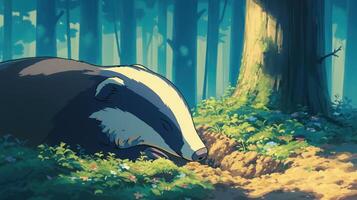 A peaceful badger resting in a vibrant forest, surrounded by blooming flowers and sunlight photo