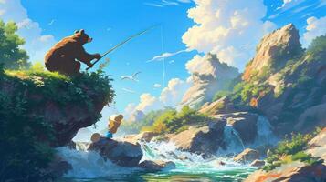 A bear and a child fishing together by a serene river, surrounded by lush mountains and clear skies photo