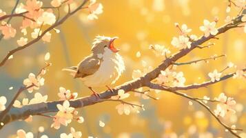 A small bird singing joyfully on a blossoming branch in a serene spring setting photo