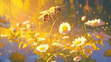 A vibrant bee hovering over a field of daisies in a sunlit meadow during springtime photo