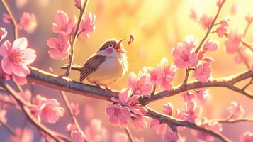 A small bird singing joyfully amidst vibrant cherry blossom branches in a serene spring setting photo