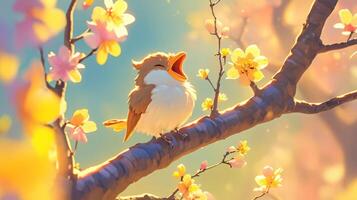 A small bird singing joyfully on a blooming branch during springtime, surrounded by soft petals photo