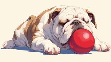 A relaxed bulldog resting with a red ball in a serene indoor setting, soft lighting enhances tranquility photo
