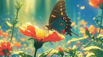 Vibrant butterfly perched on a flower in a sunlit meadow, surrounded by blooming flora photo