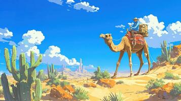 A traveler on a camel traverses a sunlit desert landscape with cacti and distant mountains photo