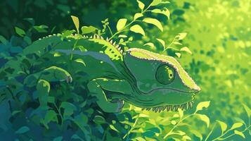 Colorful chameleon blending into lush greenery in a vibrant forest scene photo