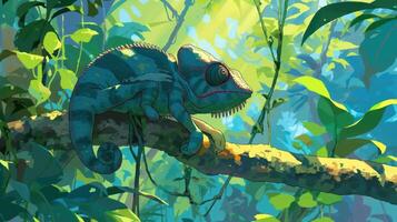 Colorful chameleon perched on a branch amidst lush green jungle foliage, sunlight filtering through photo