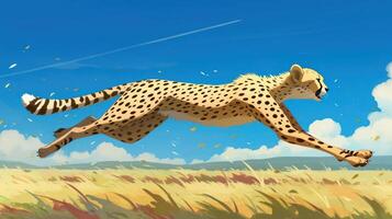 A cheetah gracefully leaps across a golden savannah, with a bright blue sky and fluffy clouds in the background photo