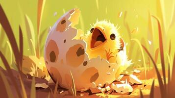 A newly hatched chick breaking free from its egg in a sunlit grassy environment, symbolizing new beginnings photo