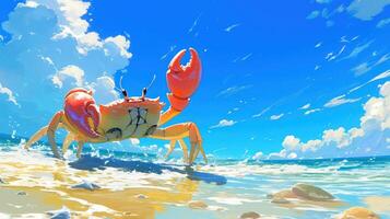 Vibrant crab emerging from the ocean waves on a sunny beach with fluffy clouds above photo