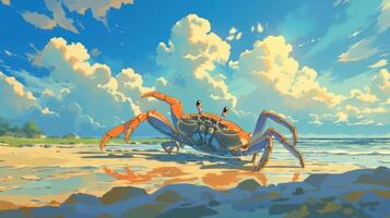 A vibrant crab exploring a sandy beach under a bright sky with fluffy clouds and serene water photo