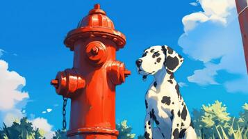 A playful Dalmatian dog sitting beside a bright red fire hydrant on a sunny day outdoors photo