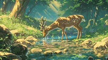Serene deer drinking from a sparkling stream in a sunlit forest surrounded by lush greenery photo