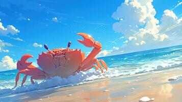 Vibrant crab emerging from ocean waves on a sunny beach with fluffy clouds above photo