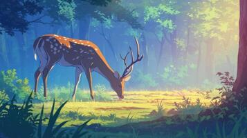 Serene deer grazing in a lush, sunlit forest with vibrant greenery and soft light filtering through trees photo