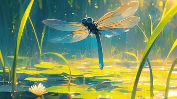 A vibrant dragonfly hovering over a tranquil pond surrounded by lush greenery and lily pads photo